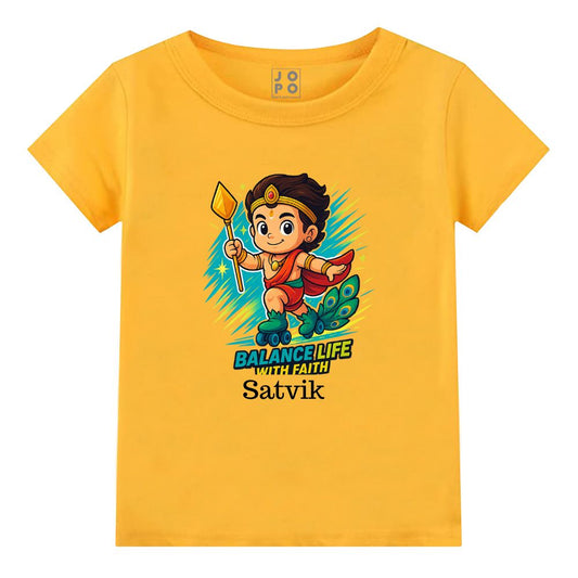 Mustard t-shirt, Lord balamurugan with Skating Roller and text Balance Life With Faith'