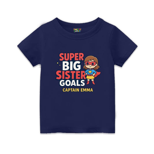 Navyblue t-shirt, superhero design printed with "Super Big Sister Goals" and Captain text