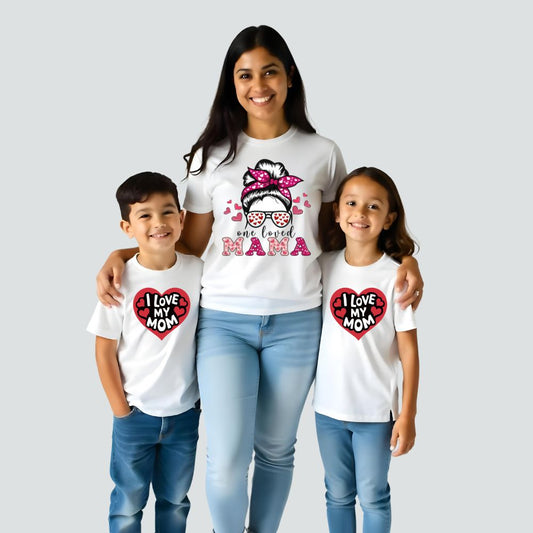 Mom and Kids Matching White t-shirts with text 'BEST MOM, HAPPY BIRTHDAY'