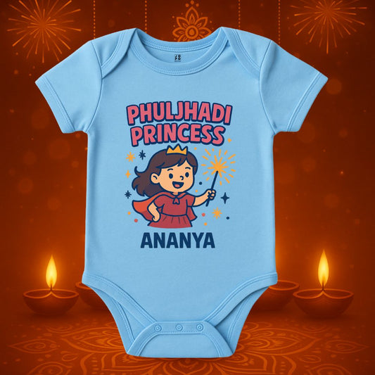 Pastelblue baby onesie with 'Phuljhadi Princess' design