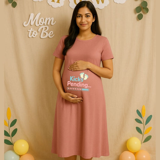 Plum Dress with 'Kicks Pending' text and Baby Footprint design printed