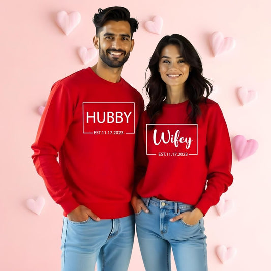 Red Couple Sweatshirts with 'HUBBY' and 'WIFEY' text