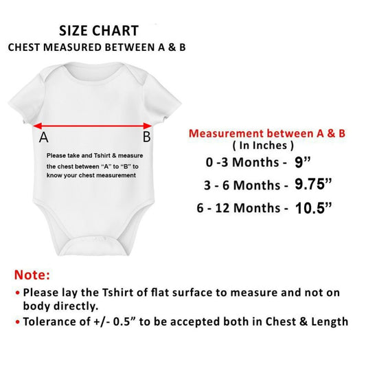 Baby onesie with size chart indicating chest measurement between points A & B.
