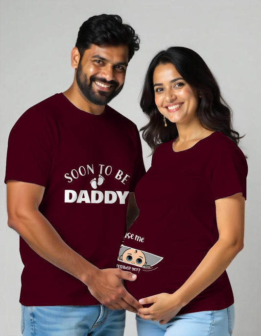 Maroon Maternity Couple Matching Tshirt Printed as Soon to be Daddy and Excuse Me text with Baby Footprint design