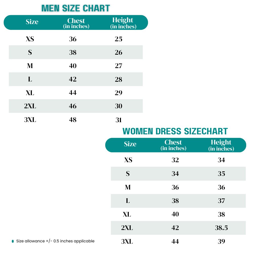 Size chart for men and women with chest and height measurements.