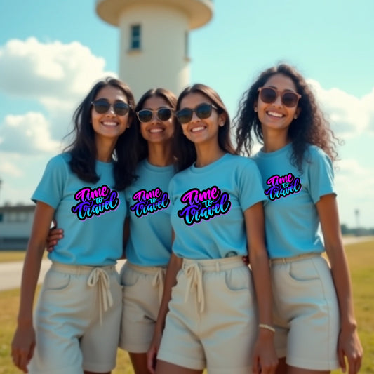 Time to travel Printed Group T-Shirts for Girls