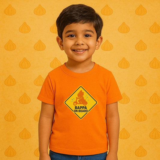 Vinayagar Chaturthi Orange Kids t-shirt with a 'Bappa on Board' sign designs.