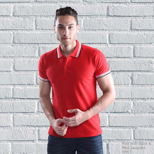 Double Tipping Collar Plain t shirt For Men - Red-With-Black-Red