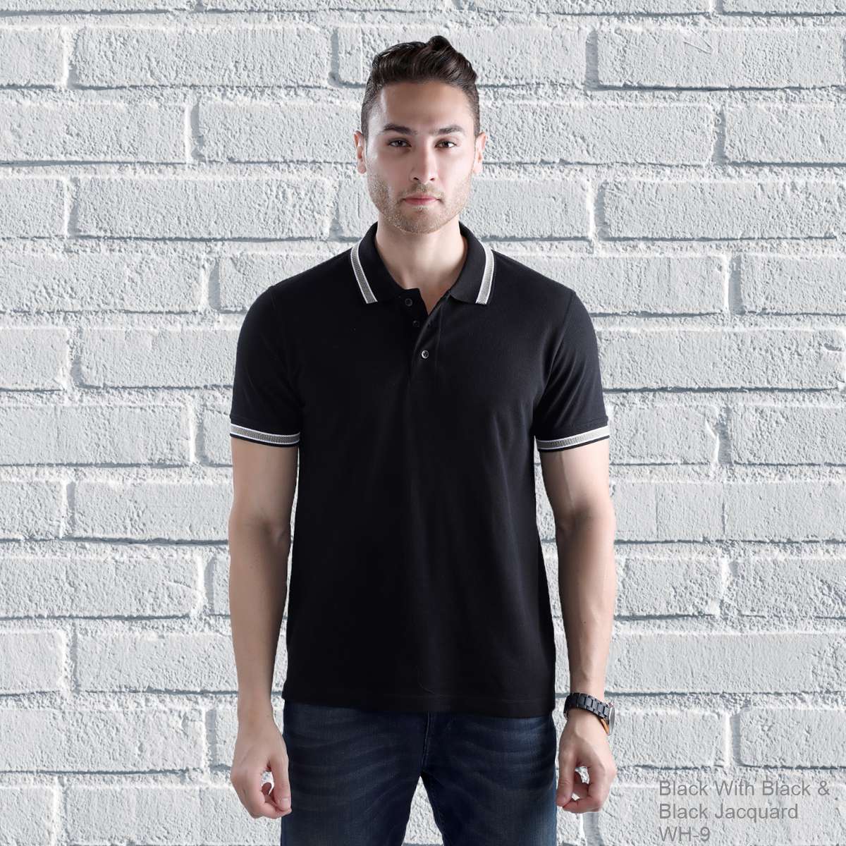 Men's Regular Cotton Stretch Collar Tshirt - Black