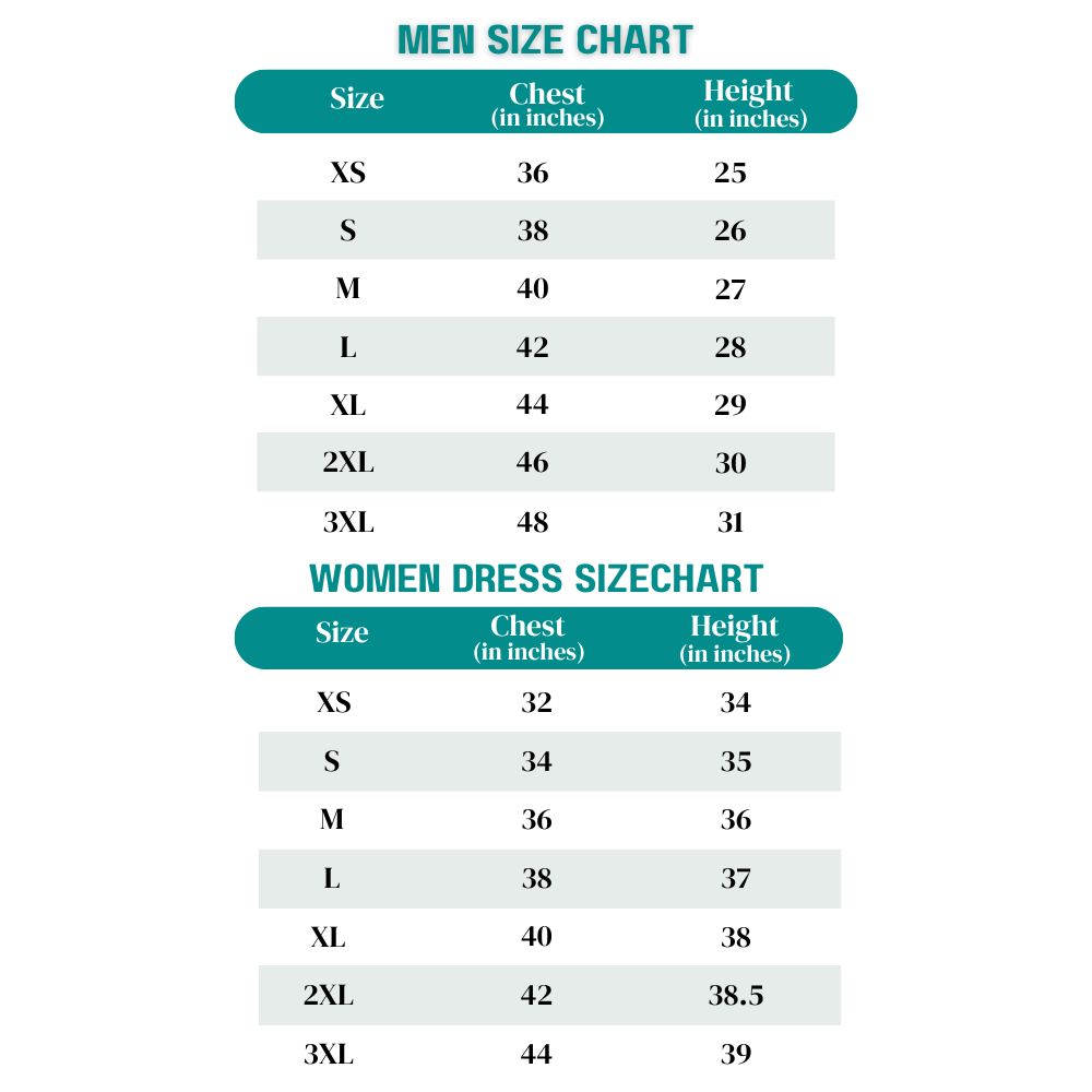 Size chart for men and women with chest and height measurements.