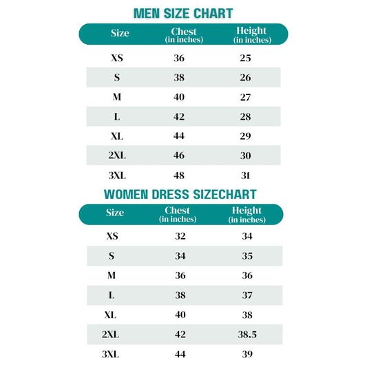 Size chart for men and women with chest and height measurements.
