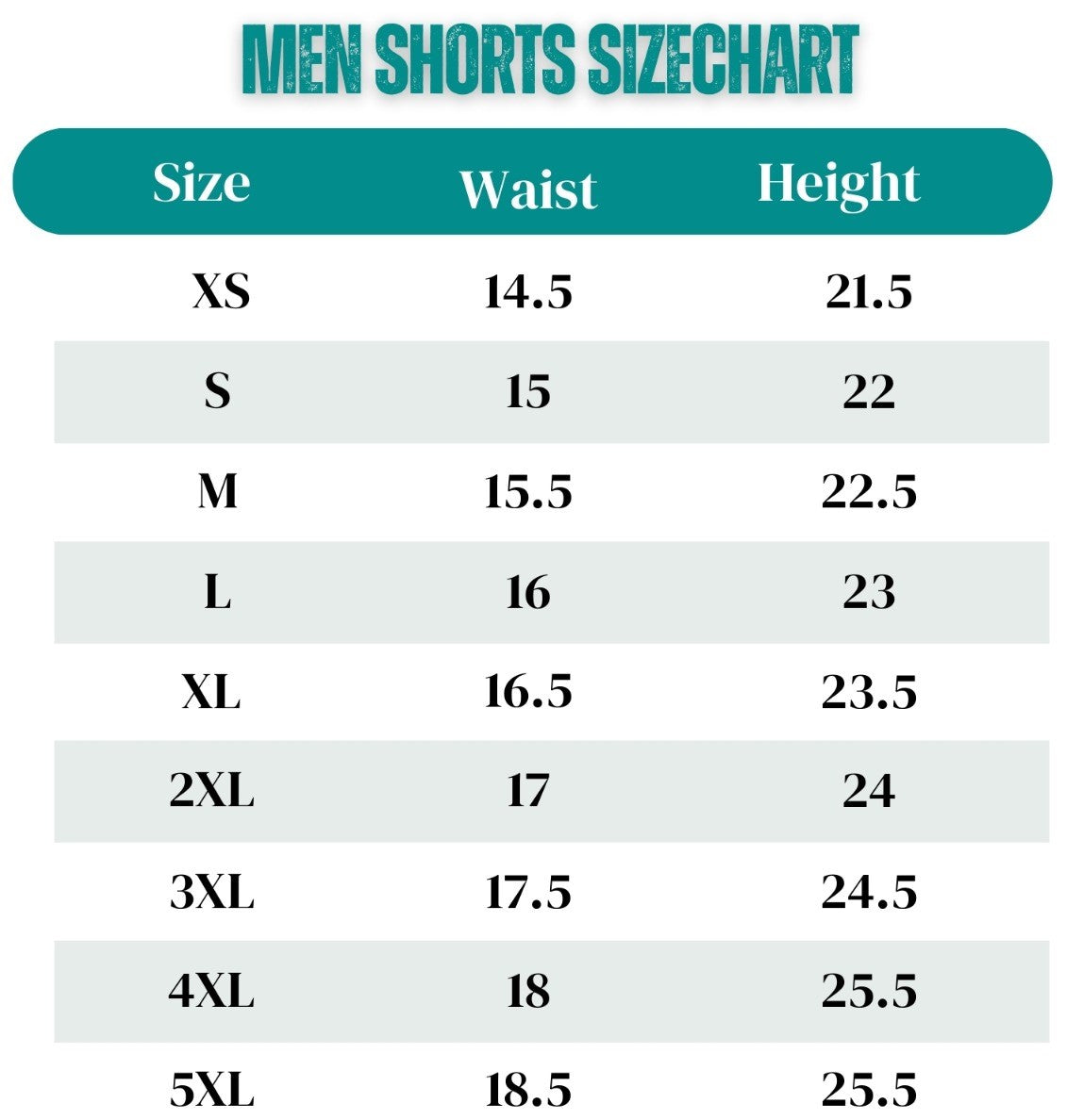 men shorts sizechart