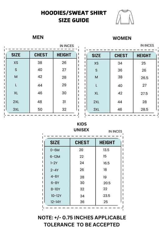 Size guide for hoodies and sweatshirts with measurements for men, women, and kids.