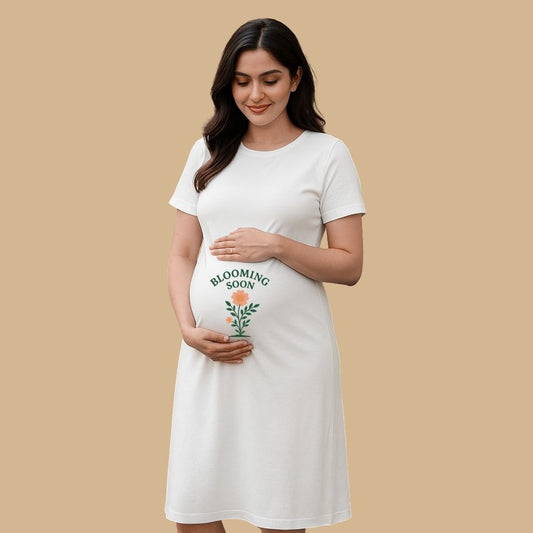 White Maternity Dress with 'Blooming Soon' text with Plant Flower design printed