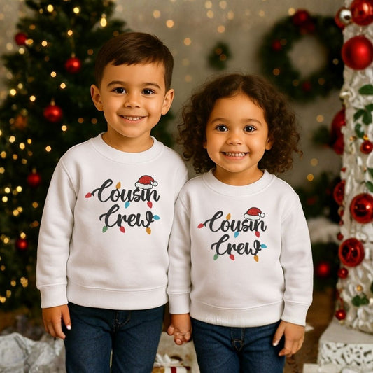 White Two children wearing 'Cousin Crew' sweatshirts