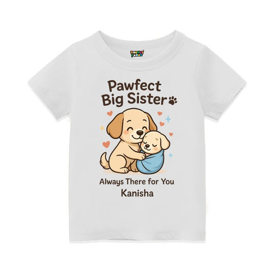 White t-shirt with cartoon dogs and text 'Pawfect Big Sister' Always there for you