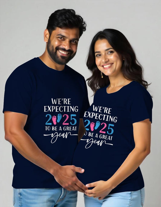Navyblue Maternity Couple Matching t-shirt with the text 'We're expecting to be a GREAT YEAR' and Baby Foot Design printed