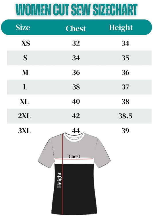 Size chart for women's clothing with chest and height measurements.