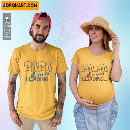 Mustard Matching maternity Couple Tshirt Mama Papa Loading Text and Baby Footprint design