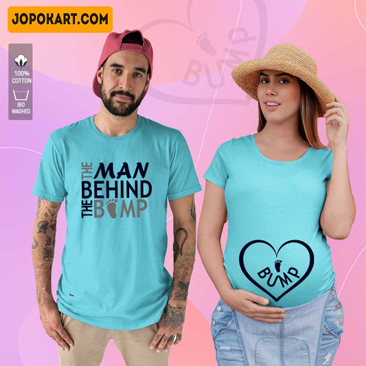 Aquablue Maternity Couple Matching Tshirt Printed as Bump and The Man Behind the Bump text and Baby Footprint design