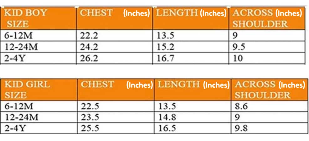 boy Girl Size chart 6-12 12-24 2-4