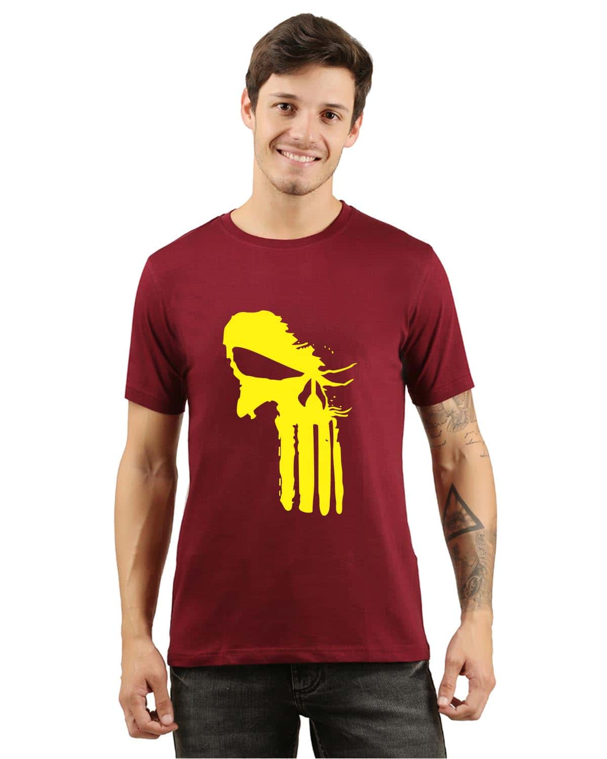 Maroon skull brown round neck biowash cotton men trending