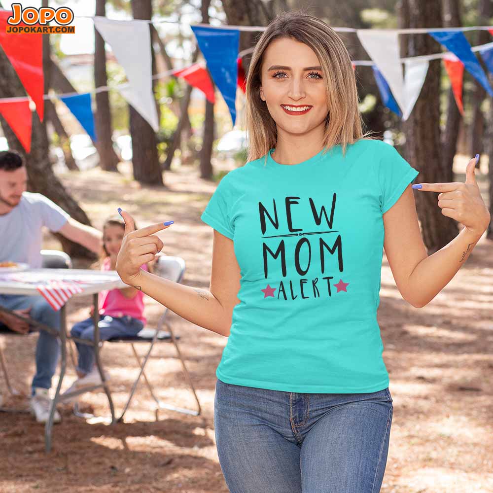 jopo New mom alert women tshirt celebration mode aqua blue
