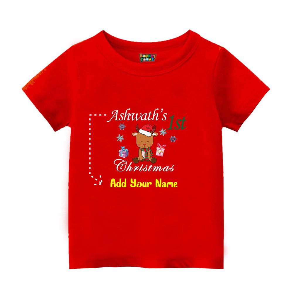 Personalized Baby's 1st Christmas T-Shirt - Custom Name Reindeer Milestone Tee