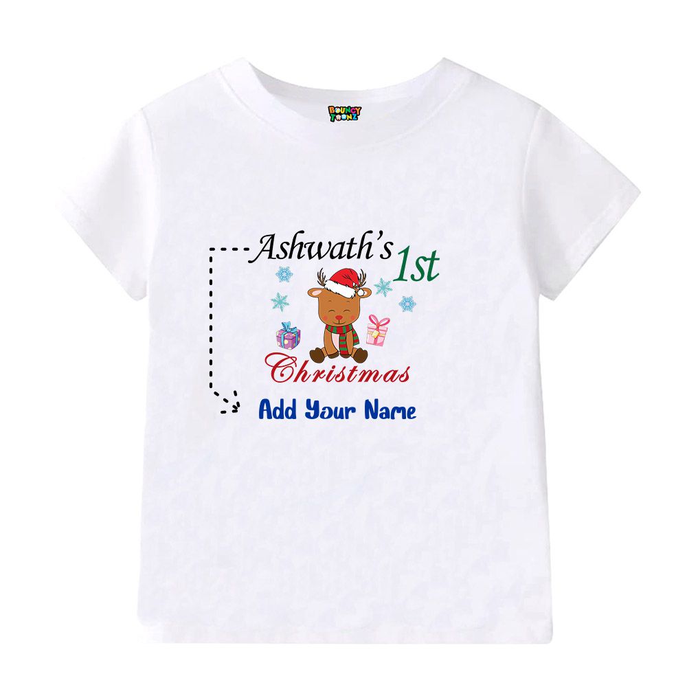 Personalized Baby's 1st Christmas T-Shirt - Custom Name Reindeer Milestone Tee