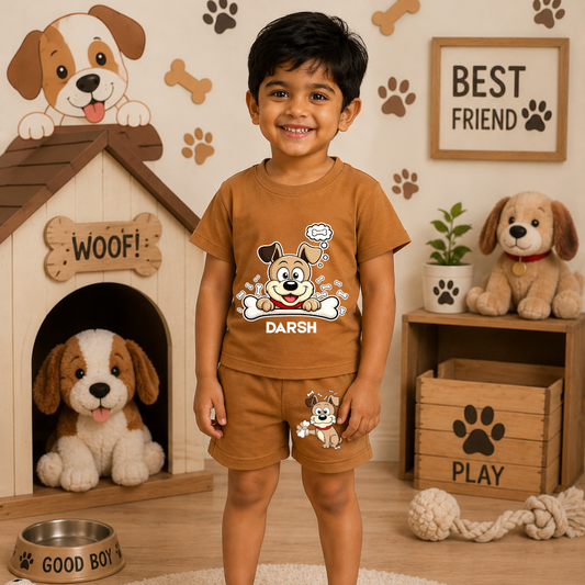 Puppy Kids Co-Ord Set | Custom Name Cotton T-Shirt & Shorts for Boys & Girls