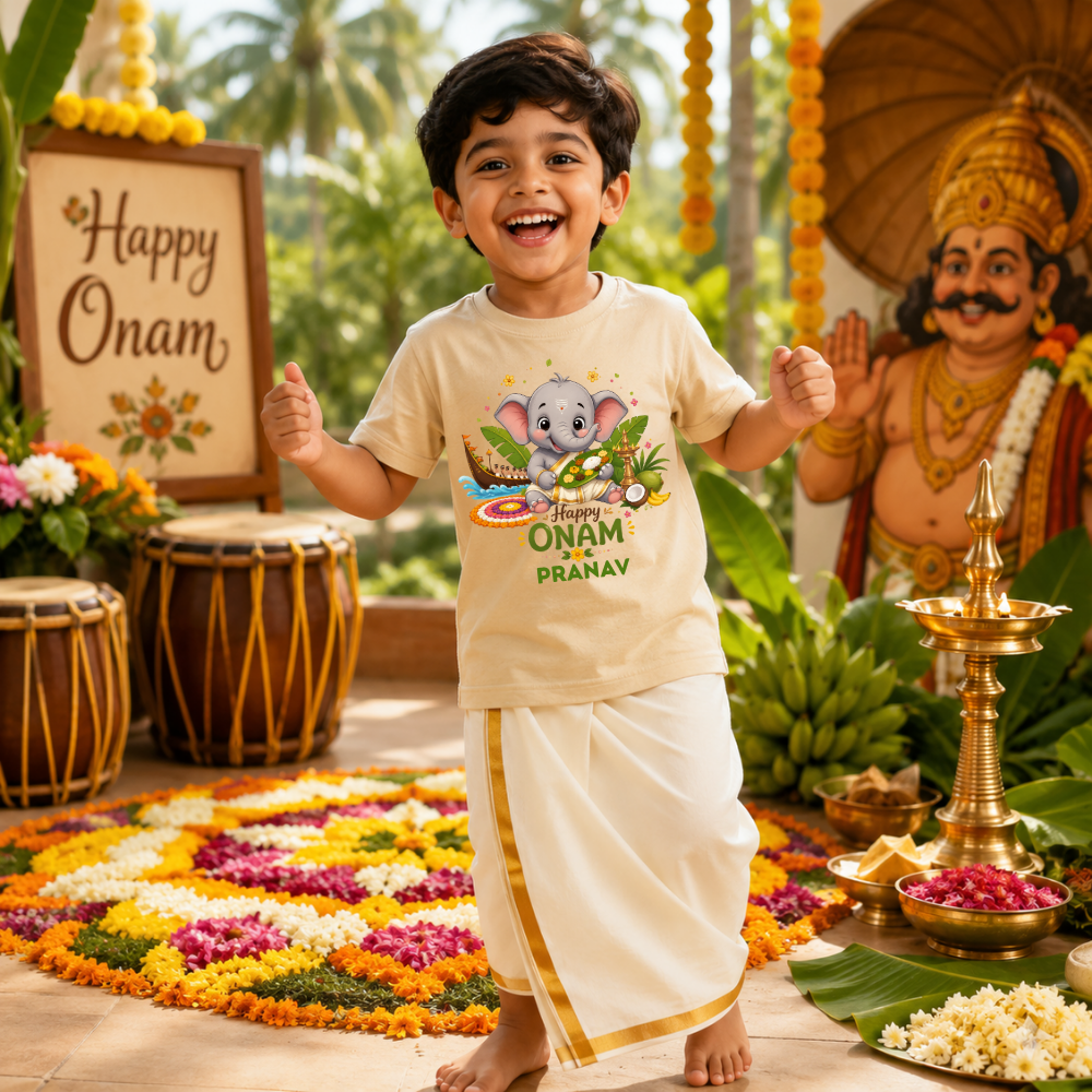 Personalized Happy Onam Kids Cotton T-Shirt | Custom Name