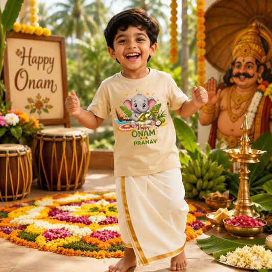 Personalized Happy Onam Kids Cotton T-Shirt | Custom Name