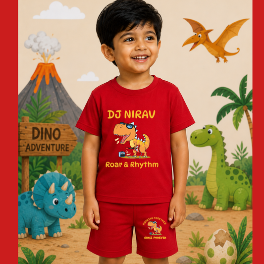 DJ Dinosaur Kids Co-Ord Set | Custom Name Cotton T-Shirt & Shorts | Roar & Rhythm Dino Summer Outfit for Boys & Girls