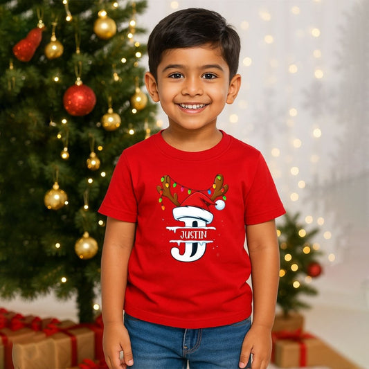 Personalized Kids Christmas Initial T-Shirt | Custom Monogram Reindeer & Santa Hat Tee