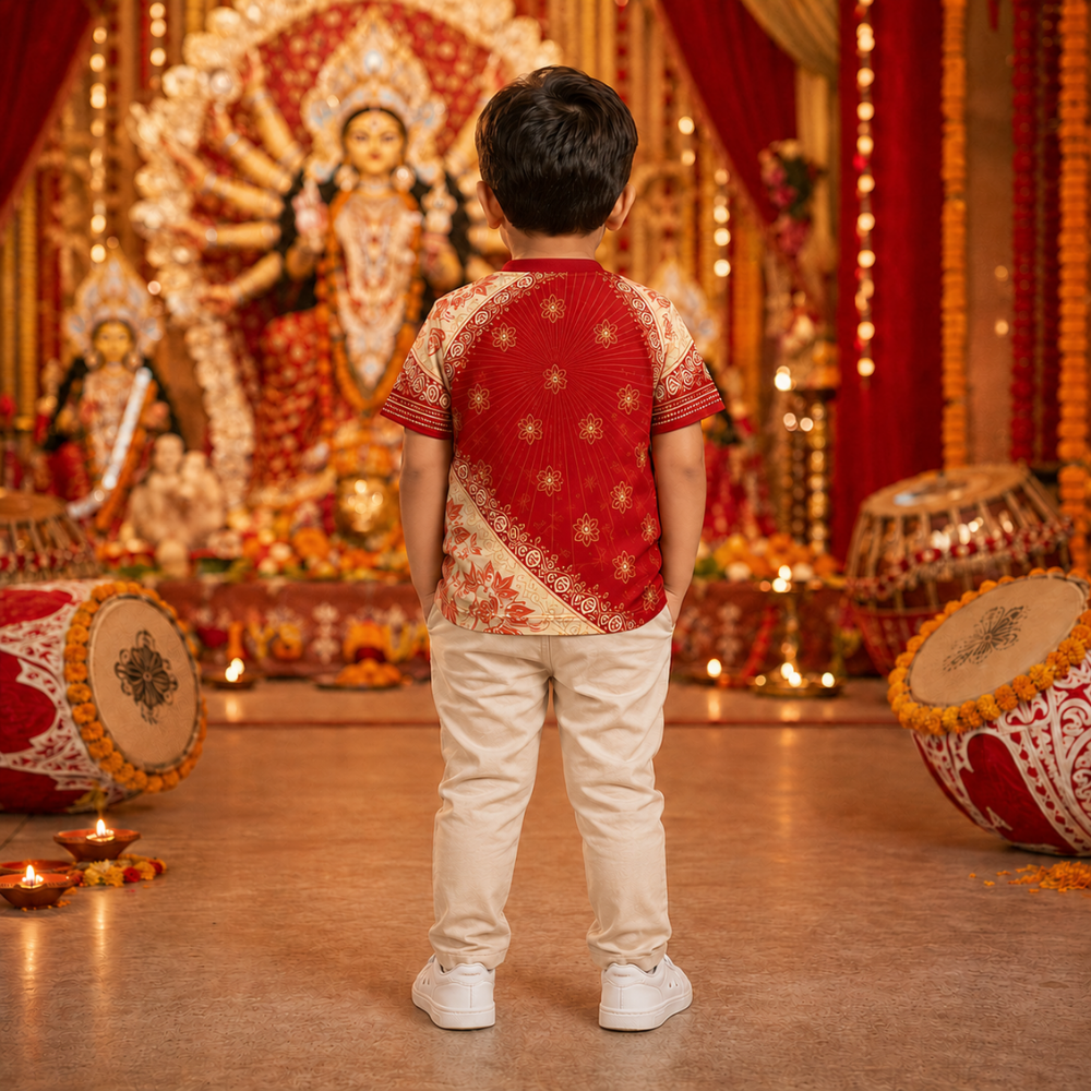 Happy Durga Puja Kids Jersey T-Shirt | Red & Cream Maa Durga Festival Tee