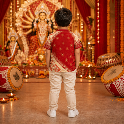 Happy Durga Puja Kids Jersey T-Shirt | Red & Cream Maa Durga Festival Tee