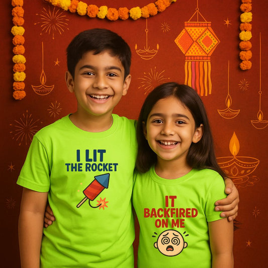 I Lit The Rocket, It Backfired Funny Sibling Diwali T-Shirt Set