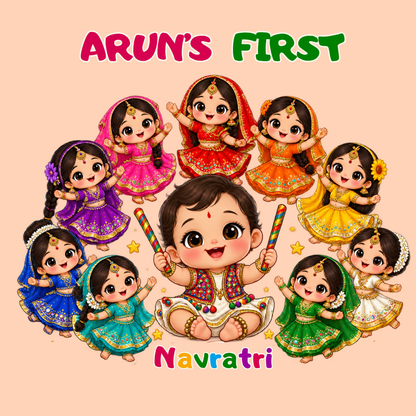 Personalized Baby’s First Navratri Romper | Peach Nine Dancers Design