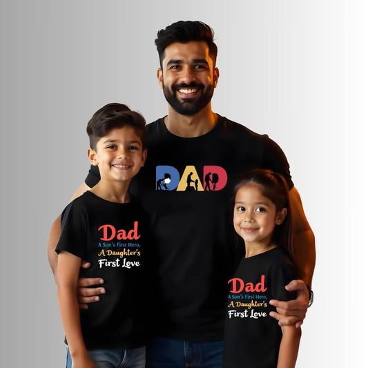Dad - Sons First Hero and Daughter's First Love Matching Dad and Kids Tshirts