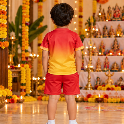 Ayudha Pooja Kids Jersey and Shorts Set | Red & Yellow Floral Festive Outfit