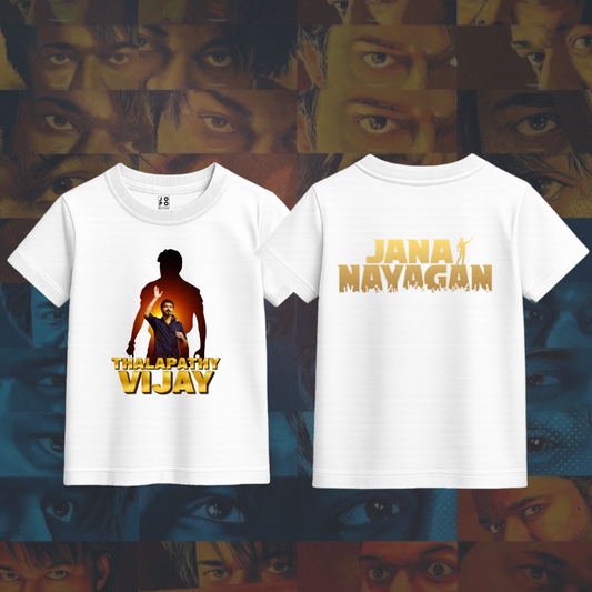 White t-shirt with 'Thalapathy Vijay' and 'Jana Nayagan' text 