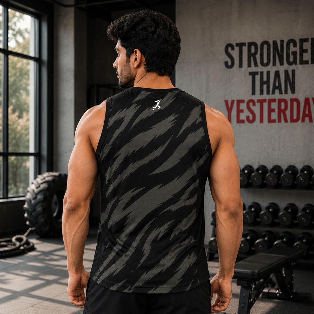 Men's Black Camo Sleeveless Gym Tank Top | Quick Dry Active Wear Training Vest for Workout, Running & Fitness