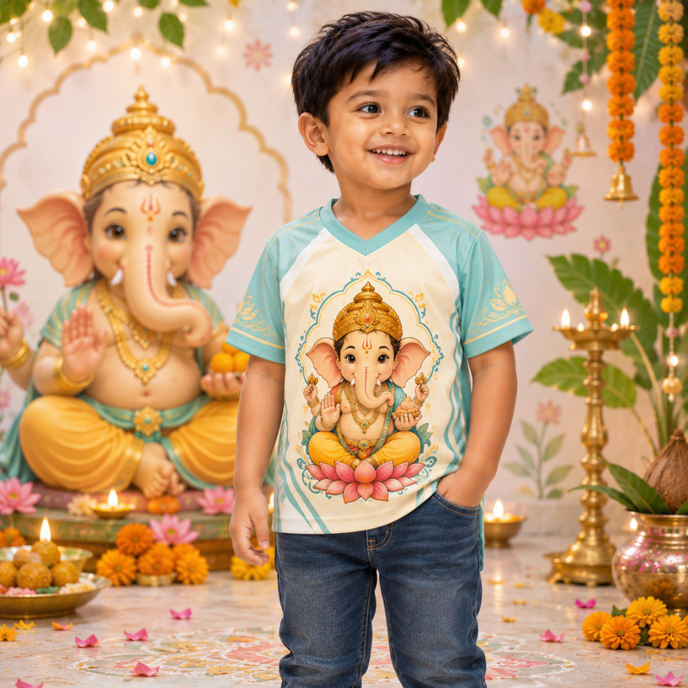 Kids Vinayagar Chaturthi Jersey | Cute Bal Ganesha Printed Jersey for Boys