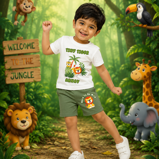 Tiny Tiger Kids Co-Ord Set | Custom Name Cotton T-Shirt & Shorts for Boys & Girls