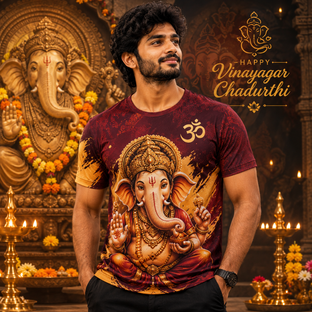 Lord Ganesha All Over Print Jersey for Men | Maroon Ganpati Bappa T-Shirt