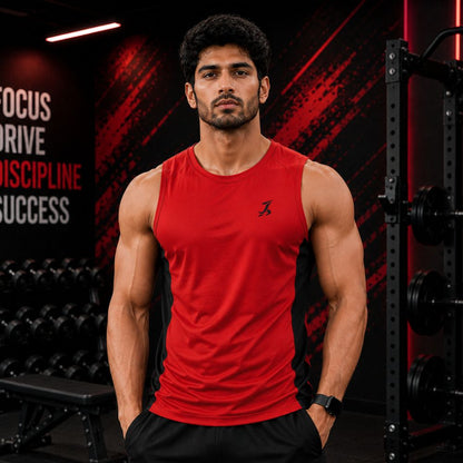 Men's Red Dry-Fit Sleeveless Gym T-Shirt for Workout & Training