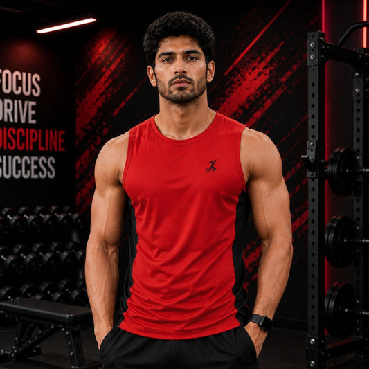 Men's Red Dry-Fit Sleeveless Gym T-Shirt for Workout & Training