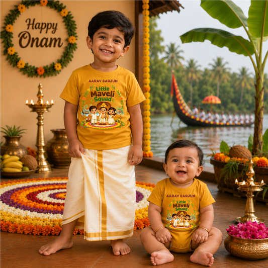 Onam Sibling T-Shirt & Baby Romper Combo | Premium Cotton Matching Set