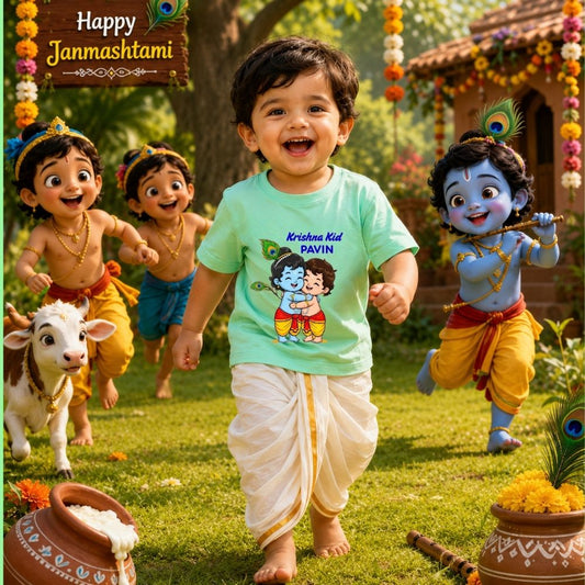 Krishna Kid Personalized Janmashtami Kids Round Neck T-Shirt – Custom Name