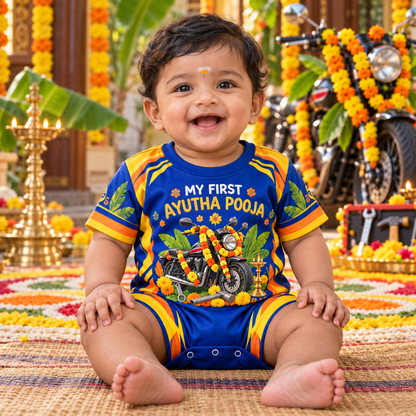 My First Ayutha Pooja Baby Jersey Romper | Blue Motorcycle Festive Print